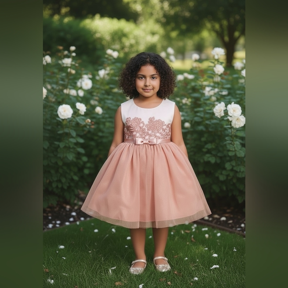 Jona Michelle Rose Gold Floral Appliqué Tulle Dress